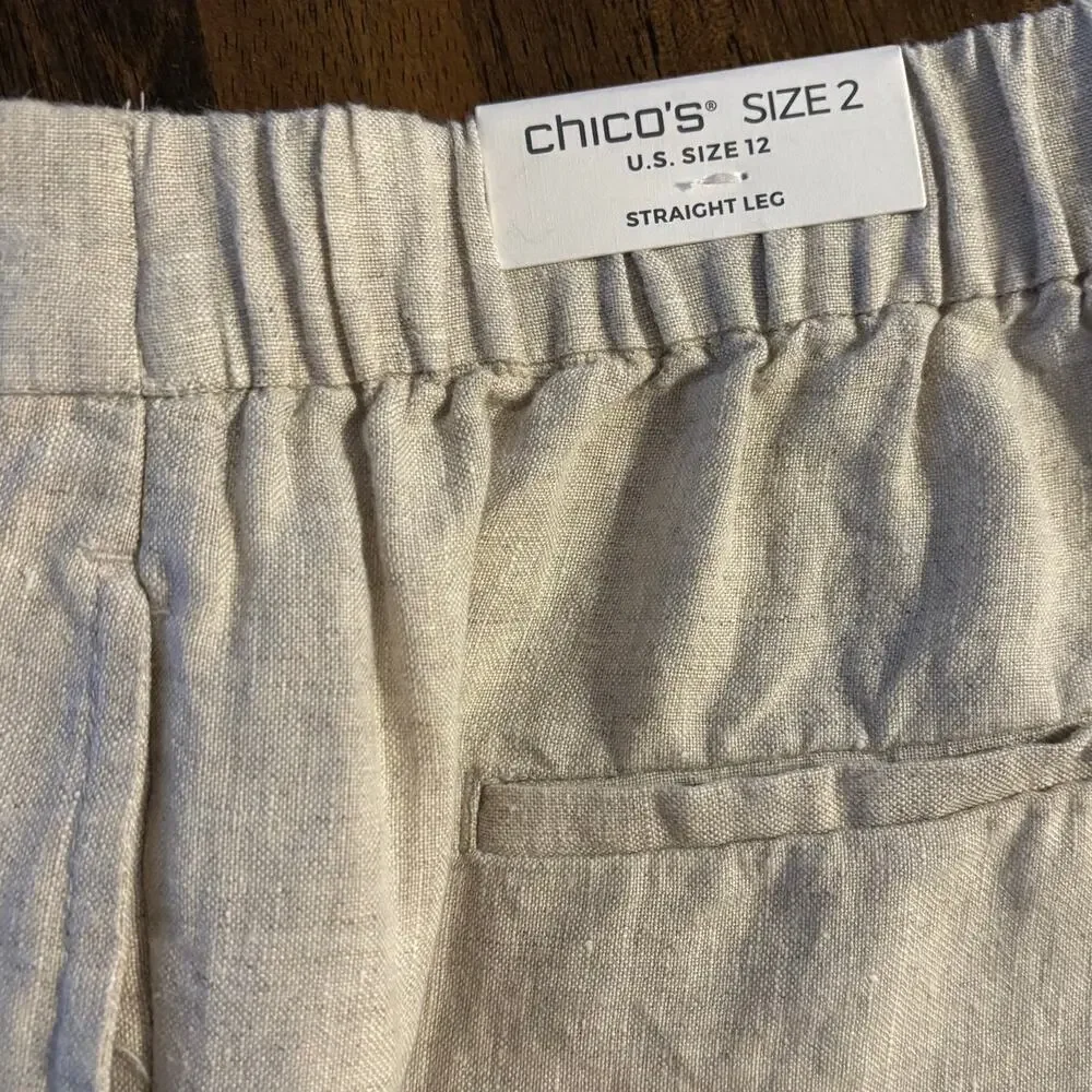 Chico’s 2 or US 12 Pants 100% Linen Straight Leg Pull On Crop 24" Inseam - Picture 3 of 10